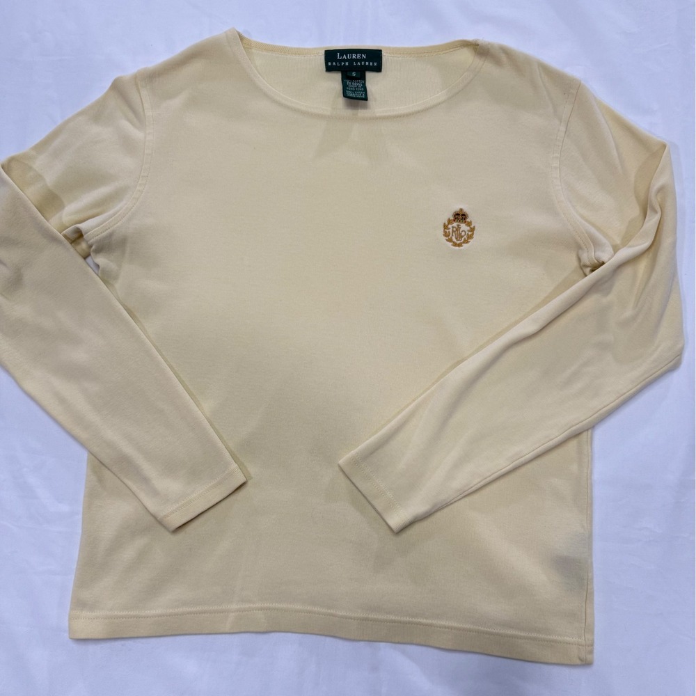 Lauren Ralph Lauren Womens Pale Yellow Ribbed Long Sleeve Crest Logo Top Small